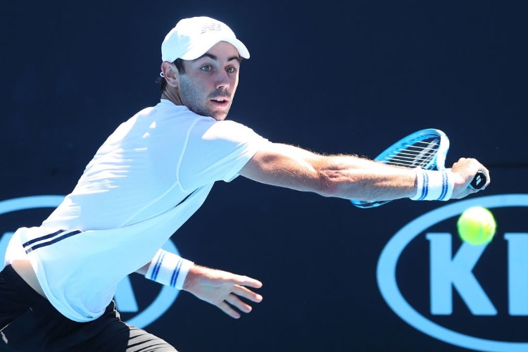 JORDAN THOMPSON of Australia plays a backhand during the Australian Open at Melbourne Park in Melbourne, Australia.