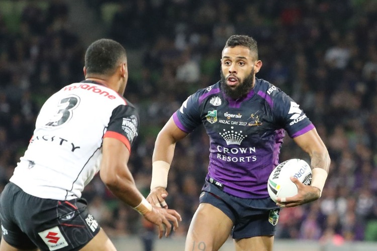 JOSH ADDO-CARR of the Melbourne Storm runs with the ball during the NRL match between the Melbourne Storm and the New Zealand Warriors at AAMI Park in Melbourne, Australia.