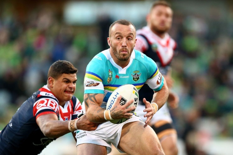 Josh Hodgson of the Raiders in action during the NRL match between the Canberra Raiders and the Sydney Roostrers at GIO Stadium in Canberra, Australia.