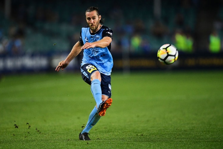 JOSHUA BRILLANTE of Sydney passes the ball during the A-League match between Sydney FC and the Brisbane Roar at Allianz Stadium in Sydney, Australia.