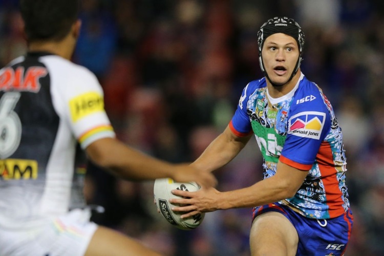 KALYN PONGA of the Knights in action during the NRL match between the Newcastle Knights and the Penrith Panthers at McDonald Jones Stadium in Newcastle, Australia.