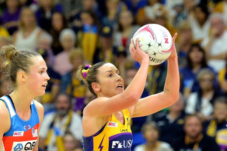 KELSEY BROWNE of the Lightning looks to pass during the Super Netball match between the Lightning and the Swifts at University of the Sunshine Coast in Sunshine Coast, Australia.