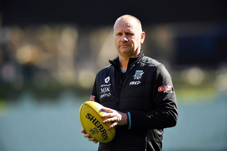 KEN HINKLEY the coach of the Power looks on during a Port Adelaide Power AFL training session at Adelaide Oval in Adelaide, Australia.