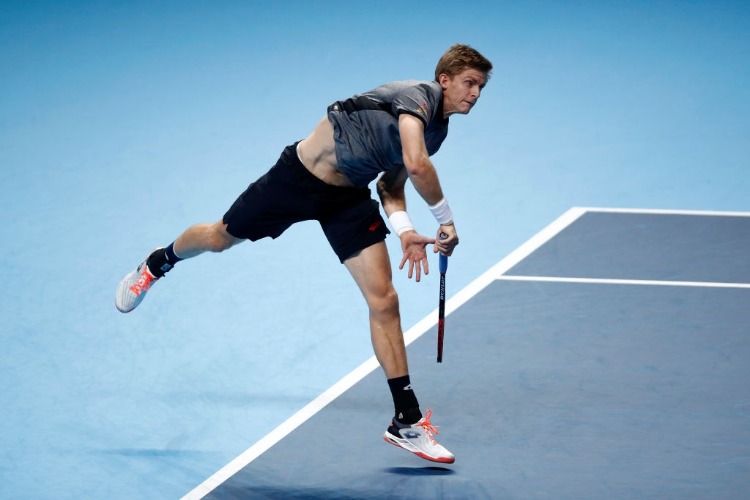 KEVIN ANDERSON of South Africa serves during his round robin match against Roger Federer of Switzerland during the Nitto ATP Finals in London, England.