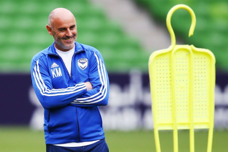 Victory head coach KEVIN MUSCAT looks upfield during a Melbourne Victory Training Session at AAMI Park in Melbourne, Australia.
