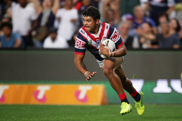 LATRELL MITCHELL of the Roosters scores a try during the NRL Preliminary Final match between the Sydney Roosters and the North Queensland Cowboys at Allianz Stadium in Sydney, Australia.