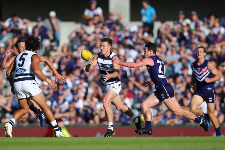 LINCOLN MCCARTHY of the Cats handballs during the AFL match between the Fremantle Dockers and the Geelong Cats at Domain Stadium in Perth, Australia.