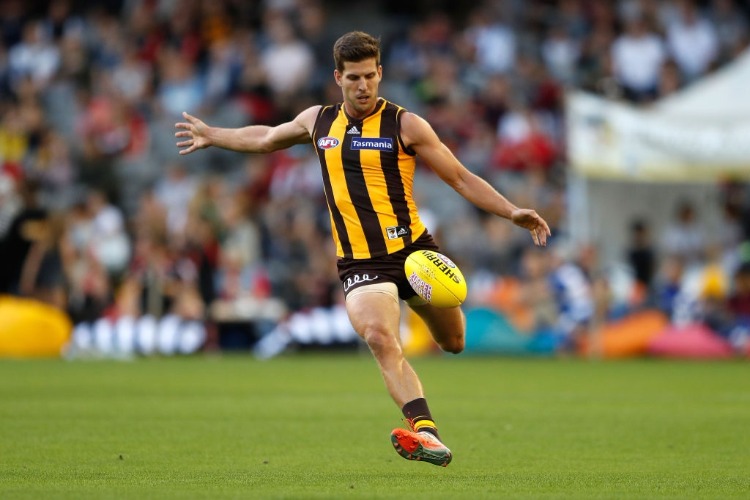 LUKE BREUST of the Hawks in action during the AFLX match between the Essendon Bombers and the Hawthorn Hawks at Etihad Stadium in Melbourne, Australia.