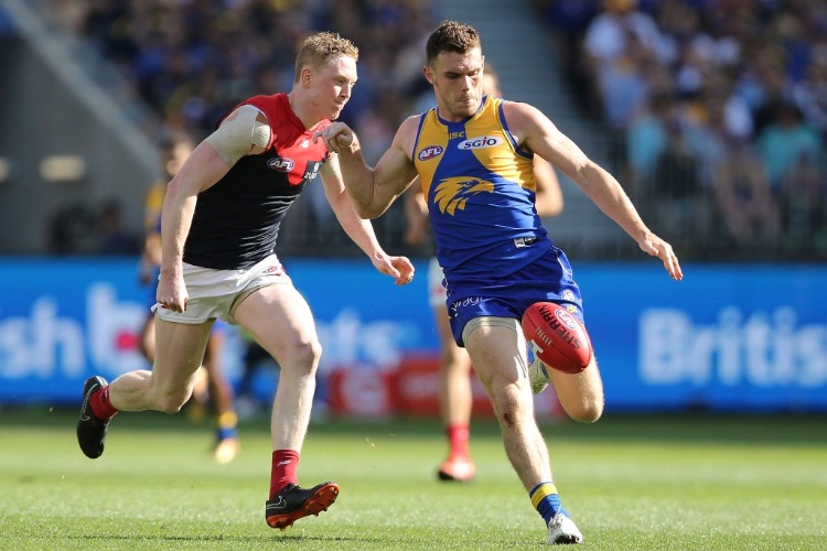 LUKE SHUEY of the Eagles passes the ball during the AFL Preliminary Final match between the West Coast Eagles and the Melbourne Demons in Perth, Australia.