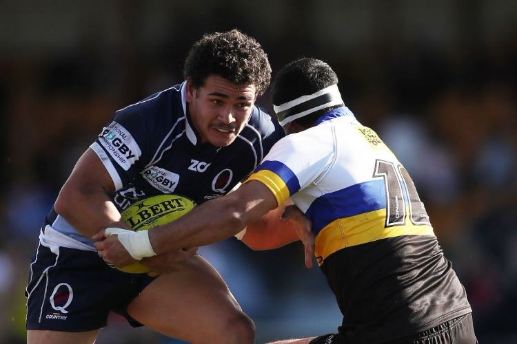 IZAIA PERESE of Queensland Country is tackled by Wharenui Hawera of the Vikings during the NRC match between Canberra and Queensland Country at Viking Park in Canberra, Australia.