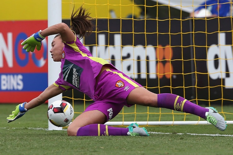 Mackenzie Arnold of Brisbane Roar concedes a goal during the round seven W-League match between Canberra and Brisbane at Central Coast Stadium in Gosford, Australia.