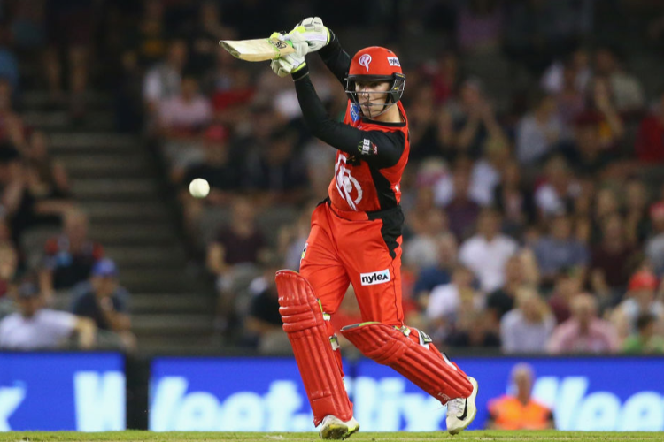 MACKENZIE HARVEY of the Renegades bats during the Big Bash League match between the Melbourne Renegades and the Sydney Sixers at Marvel Stadium in Melbourne, Australia.