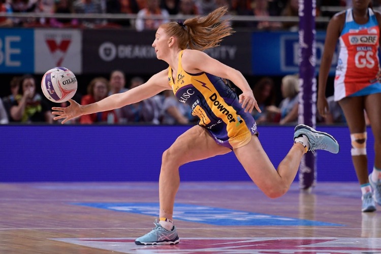 MADELINE MCAULIFFE of the Lighting catches the ball during the Super Netball match between the Swifts and the Lightning at Qudos Bank Arena in Sydney, Australia.