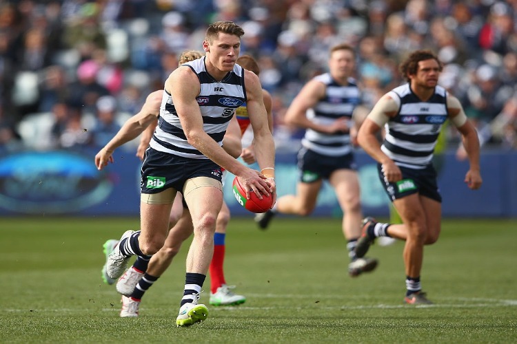 MARK BLICAVS of the Cats runs with the ball during the AFL match between the Geelong Cats and the Brisbane Lions at Simonds Stadium in Geelong, Australia. MARK BLICAVS of the Cats runs with the ball during the AFL match between the Geelong Cats and the Brisbane Lions at Simonds Stadium in Geelong, Australia.