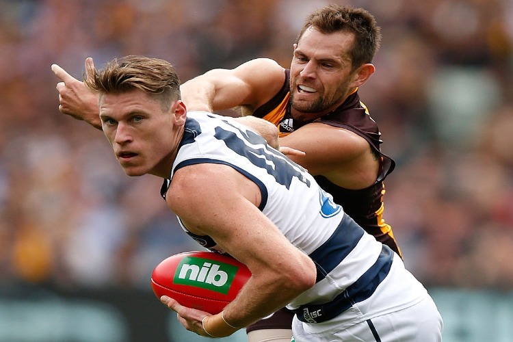 MARK BLICAVS of the Cats and LUKE HODGE of the Hawks compete for the ball during the 2016 AFL match between the Geelong Cats and the Hawthorn Hawks at the MCG in Melbourne, Australia.