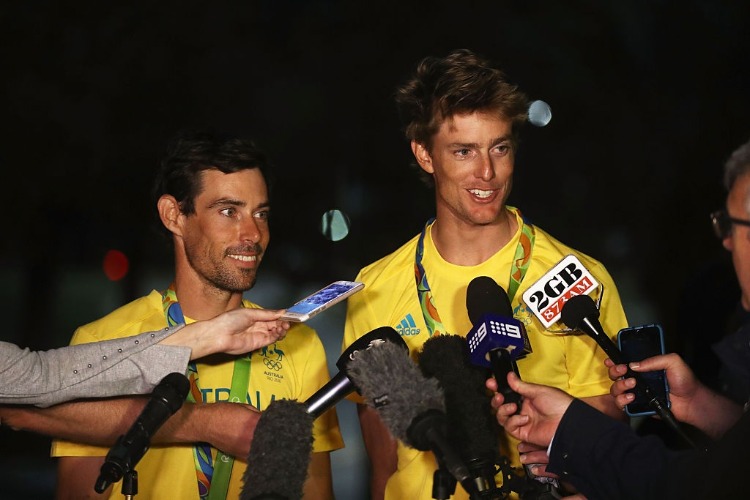 MATHEW BELCHER of Australia and WILL RYAN of Australia are interviewed after winning the silver medal in the Men's 470 class at the Marina da Gloria of the 2016 Rio Olympic Games in Rio de Janeiro, Brazil.