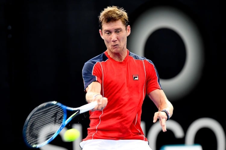 MATTHEW EBDEN of Australia plays a forehand in his match against Frances Tiafoe of the USA during the Brisbane International at Pat Rafter Arena in Brisbane, Australia.