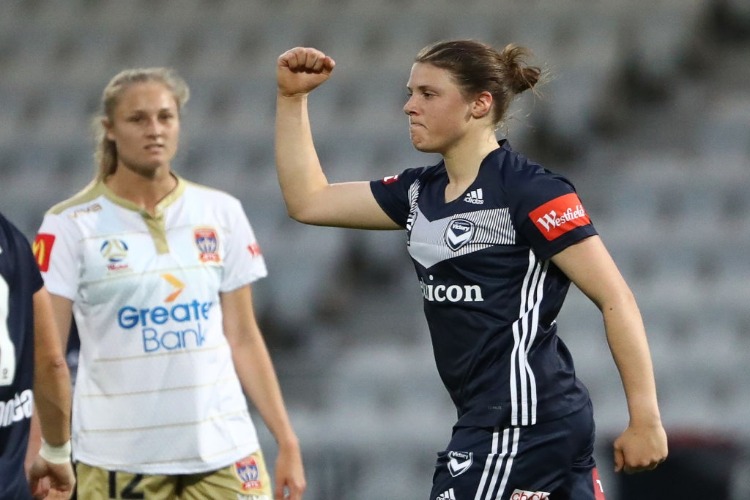 MELINA AYRES of the Victory celebrates after scoring a goal during match between Melbourne Victory and Newcastle Jets at Lakeside Stadium in Melbourne, Australia.