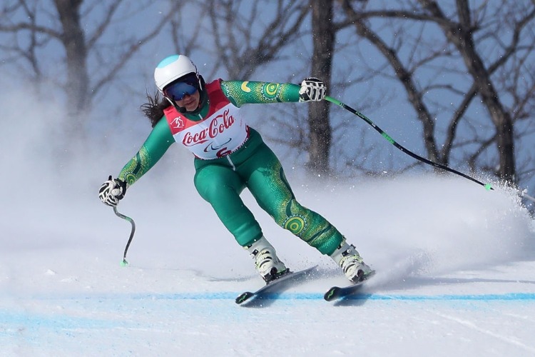 MELISSA PERRINE of Australia compete in the Alpine Skiing Women's Downhill, Visually Impaired during PyeongChang 2018 Paralympic Games In Pyeongchang-gun, South Korea. MELISSA PERRINE of Australia compete in the Alpine Skiing Women's Downhill, Visually Impaired during PyeongChang 2018 Paralympic Games In Pyeongchang-gun, South Korea.