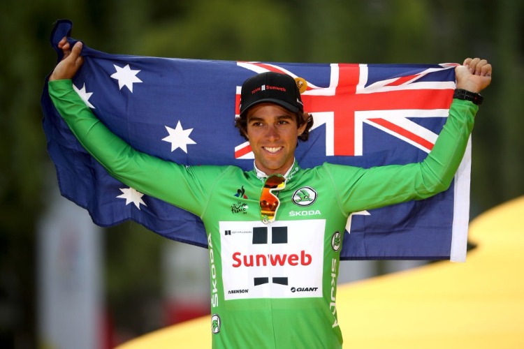 MICHAEL MATTHEWS of Australia riding for Team Sunweb celebrates on the podium after winning the green points jersey of the 2017 Le Tour de France in Paris, France.