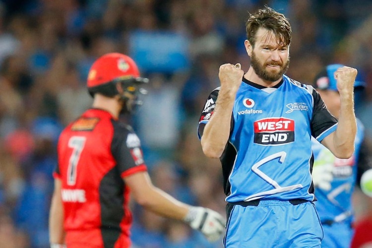 MICHAEL NESER of the Adelaide Strikers celebrates the wicket of Cameron White of the Melbourne Renegades during the Big Bash League match between the Adelaide Strikers and the Melbourne Renegades at Adelaide Oval in Adelaide, Australia. MICHAEL NESER of the Adelaide Strikers celebrates the wicket of Cameron White of the Melbourne Renegades during the Big Bash League match between the Adelaide Strikers and the Melbourne Renegades at Adelaide Oval in Adelaide, Australia.