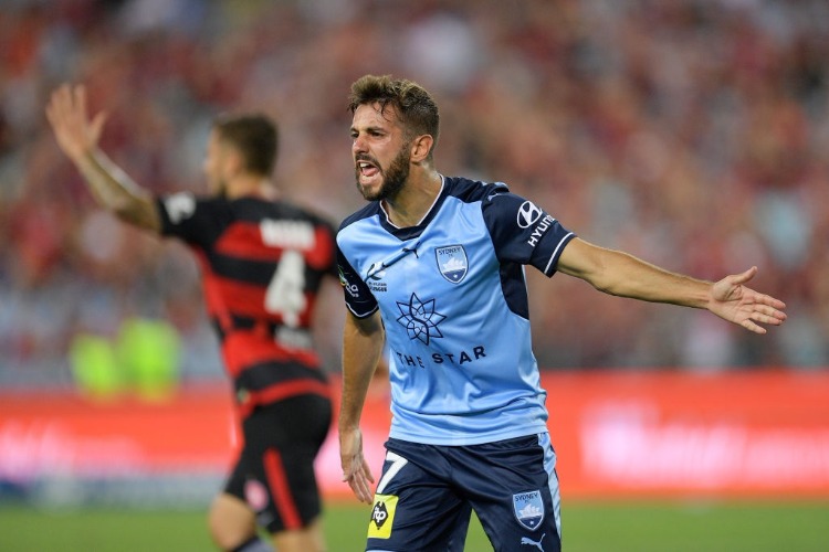 MICHAEL ZULLO of Sydney reacts to the referee during the A-League match between the Western Sydney Wanderers and Sydney FC at ANZ Stadium in Sydney, Australia.