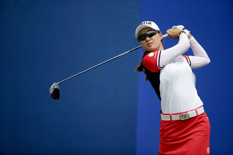 MINJEE LEE of Australia plays her tee shot on the first hole during the final round of the ANA Inspiration at Mission Hills Country Club in Rancho Mirage, California.