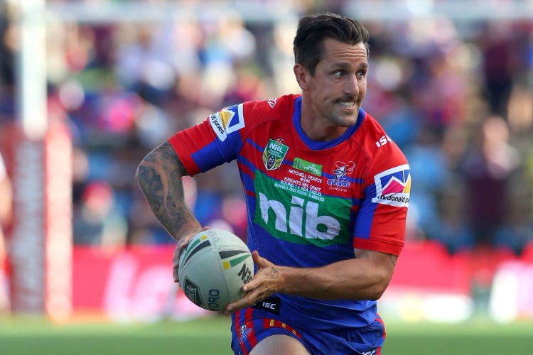 MITCHELL PEARCE of the Knights in the warm up during the NRL match between the Newcastle Knights and the Manly Sea Eagles at McDonald Jones Stadium in Newcastle, Australia.
