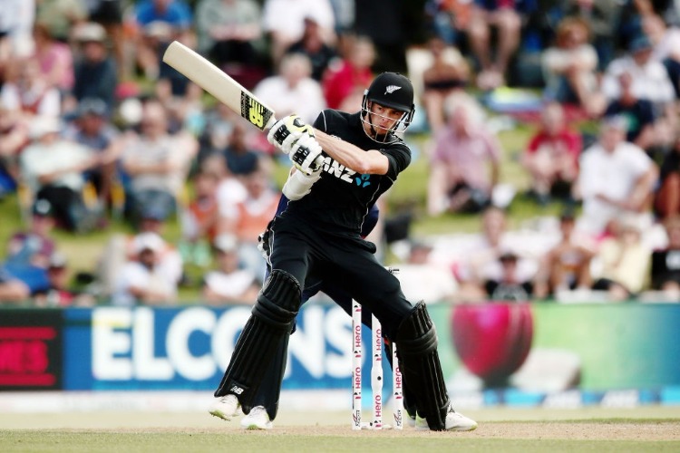 MITCHELL SANTNER of New Zealand bats during the One Day International series between New Zealand and England at Bay Oval in Tauranga, New Zealand.