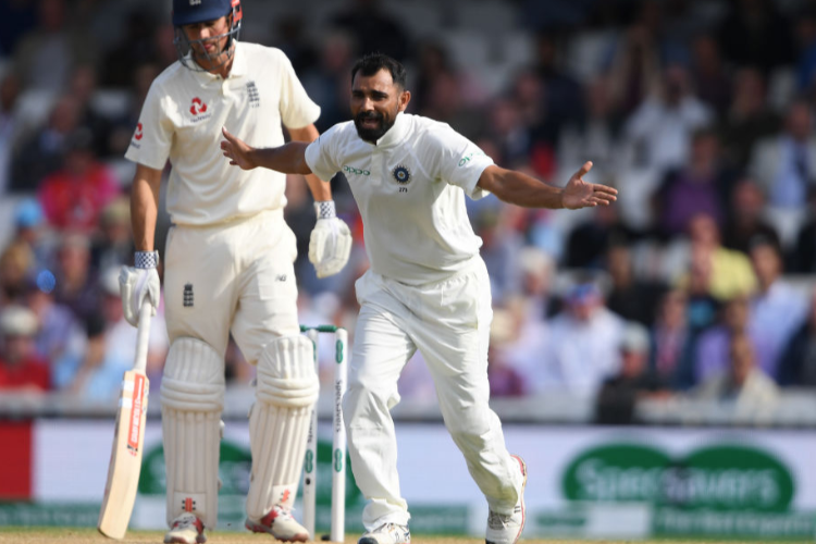 MOHAMMED SHAMI of India appeals unsuccessfully for lbw against Alastair Cook of England during the Specsavers 5th Test - Day Three between England and India at The Kia Oval in London, England.