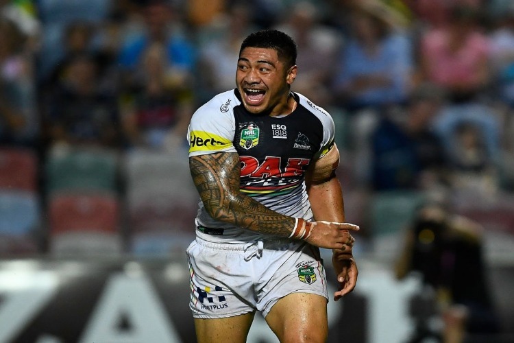 MOSES LEOTA of the Panthers celebrates after scoring a try during the NRL match between the North Queensland Cowboys and the Penrith Panthers at 1300SMILES Stadium in Townsville, Australia.