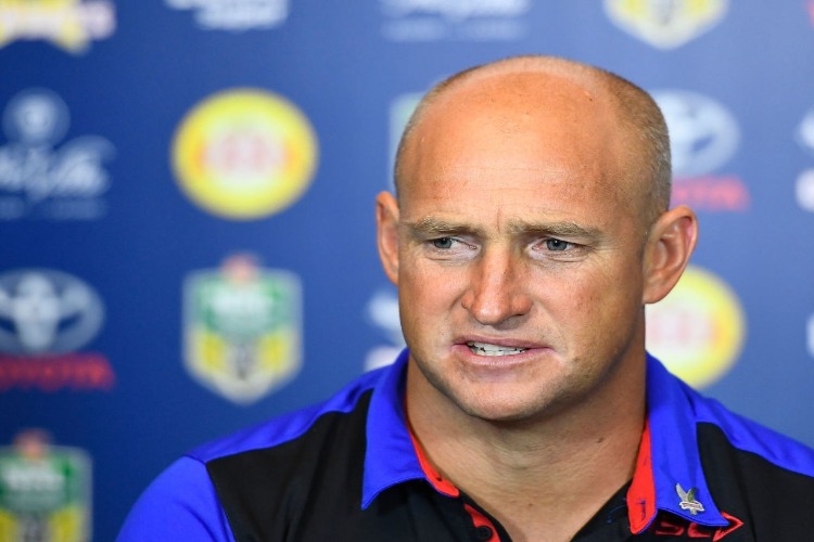 Knights coach NATHAN BROWN speaks at the post match media conference at the end of during the NRL match between the North Queensland Cowboys and the Newcastle Knights at 1300SMILES Stadium in Townsville, Australia.