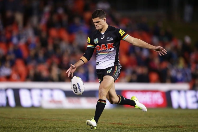 NATHAN CLEARY of the Panthers kicks during the NRL match between the Penrith Panthers and the Canterbury Bulldogs at Pepper Stadium Sydney, Australia.