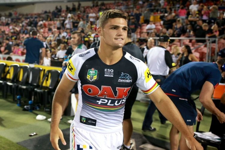 NATHAN CLEARY of the Panthers looks on during the NRL trial match between the Penrith Panthers and the Sydney Roosters at Penrith Stadium in Sydney, Australia.