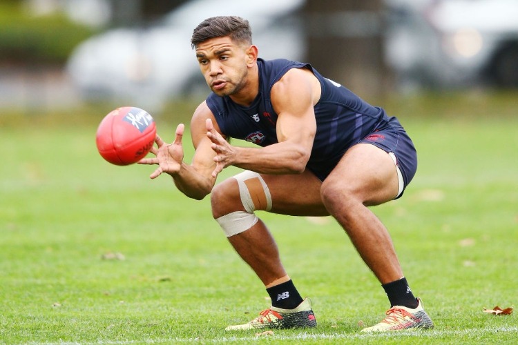 NEVILLE JETTA of the Demons marks the ball during a Melbourne Demons AFL training session at Gosch's Paddock in Melbourne, Australia.
