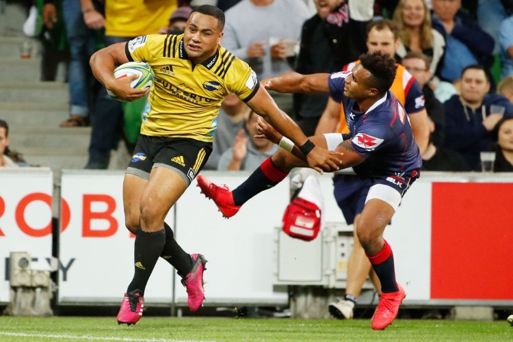 NGANI LAUMAPE of the Hurricanes scores a try during the Super Rugby match between the Rebels and the Hurricanes at AAMI Park in Melbourne, Australia. NGANI LAUMAPE of the Hurricanes scores a try during the Super Rugby match between the Rebels and the Hurricanes at AAMI Park in Melbourne, Australia.