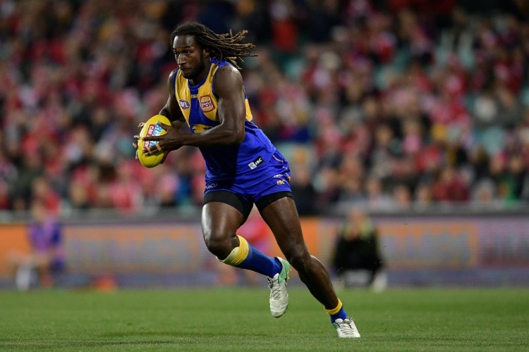 NIC NAITANUI of the Eagles runs with the ball during the AFL match between the Sydney Swans and the West Coast Eagles at SCG in Sydney, Australia.