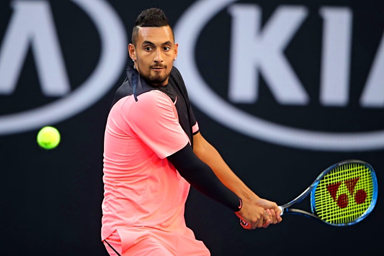 NICK KYRGIOS of Australia plays a backhand against Rogerio Dutra Silva of Brazil of the 2018 Australian Open at Melbourne Park in Australia.