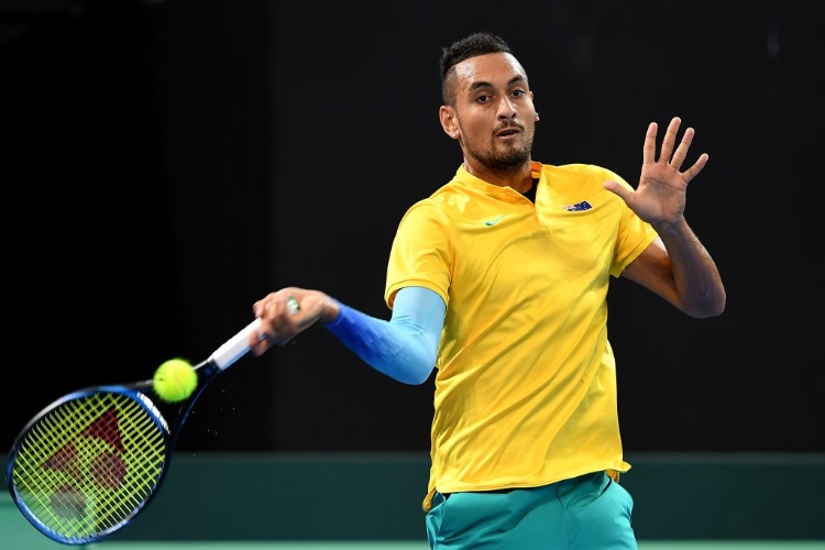 NICK KYRGIOS of Australia plays a forehand against Jan-Lennard Struff of Germany during the Davis Cup match at Pat Rafter Arena in Brisbane, Australia.