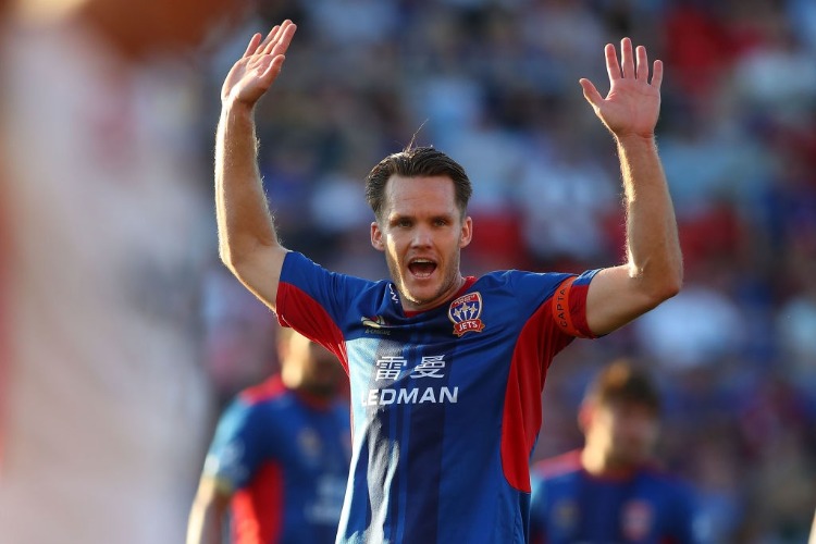 NIGEL BOOGAARD of the Jets reacts to a free kick during the A-League match between the Newcastle Jets and the Western Sydney Wanderers at McDonald Jones Stadium in Newcastle, Australia.