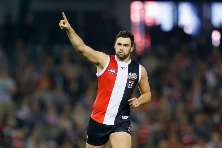 PADDY MCCARTIN of the Saints celebrates a goal during the AFL match between the St Kilda Saints and the Greater Western Sydney Giants at Etihad Stadium in Melbourne, Australia.