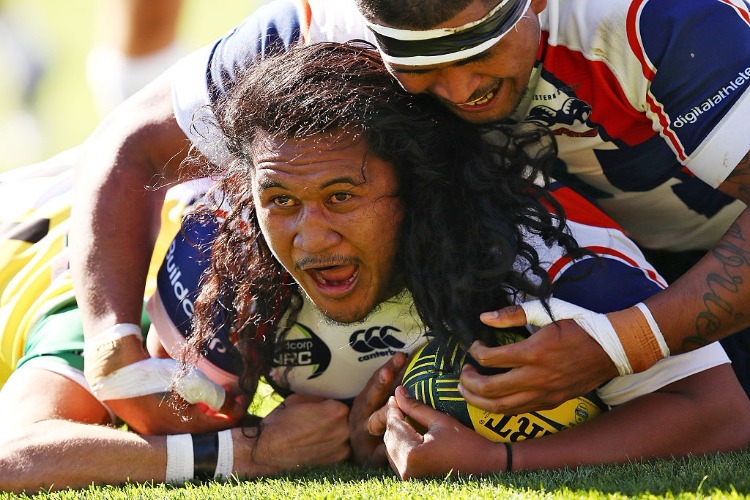 BRANDON PAENGA-AMOSA of the Rams celebrates with team mates after scoring a try during the NRC match between the Sydney Rays and the Western Sydney Rams at North Sydney Oval in Sydney, Australia. BRANDON PAENGA-AMOSA of the Rams celebrates with team mates after scoring a try during the NRC match between the Sydney Rays and the Western Sydney Rams at North Sydney Oval in Sydney, Australia.