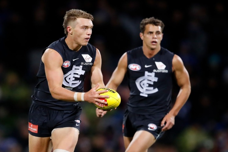 PATRICK CRIPPS of the Blues in action during the 2018 AFL match between the North Melbourne Kangaroos and the Carlton Blues at Blundstone Arena in Hobart, Australia.