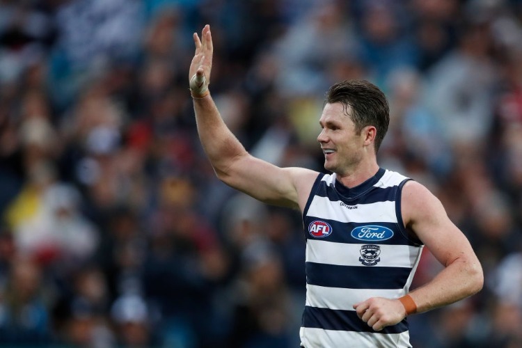 PATRICK DANGERFIELD of the Cats congratulates Rhys Stanley of the Cats on a goal during the AFL match between the Geelong Cats and the St Kilda Saints at GMHBA Stadium in Geelong, Australia.