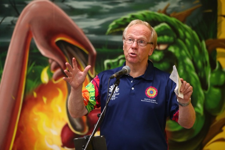 Chairman PETER BEATTIE speaks during a visit in the Gold Coast 2018 Commonwealth Games Village in Gold Coast, Australia.