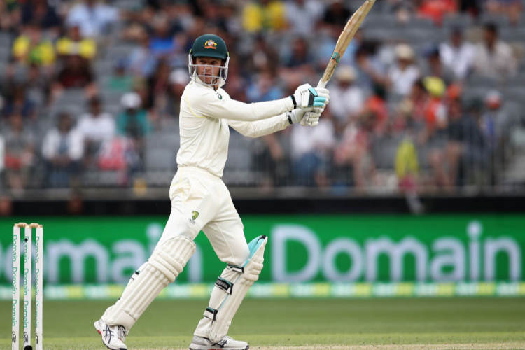 PETER HANDSCOMB of Australia bats during the second match in the Test series between Australia and India at Perth Stadium in Perth, Australia.