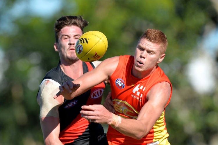 Michael Hartley of the Bombers and PETER WRIGHT of the Suns compete for the ball during the JLT Community Series AFL match between the Gold Coast Suns and the Essendon Bombers at Harrup Park Country Club in Mackay, Australia.