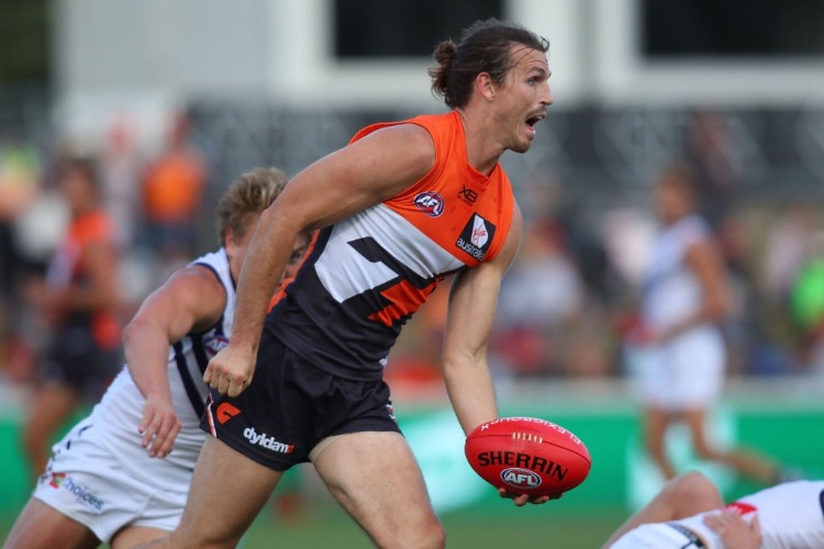 PHIL DAVIS of the Giants in action during the AFL match between the Greater Western Sydney Giants and the Fremantle Dockers at UNSW Canberra Oval in Canberra, Australia.
