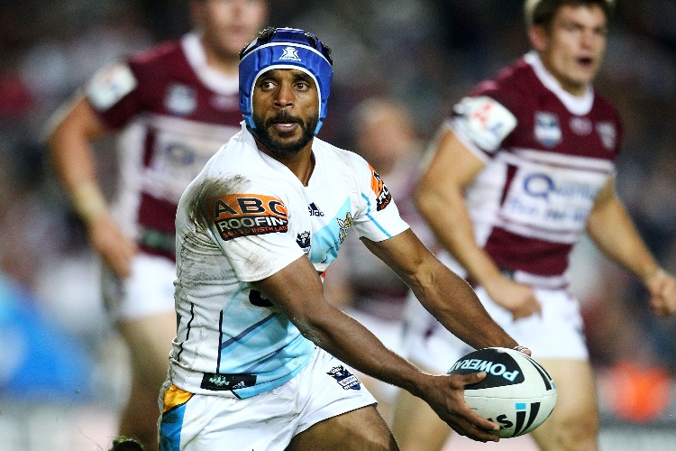 PRESTON CAMPBELL of the Titans looks to pass during the NRL match between the Manly Sea Eagles and the Gold Coast Titans at Brookvale Oval on in Sydney, Australia.