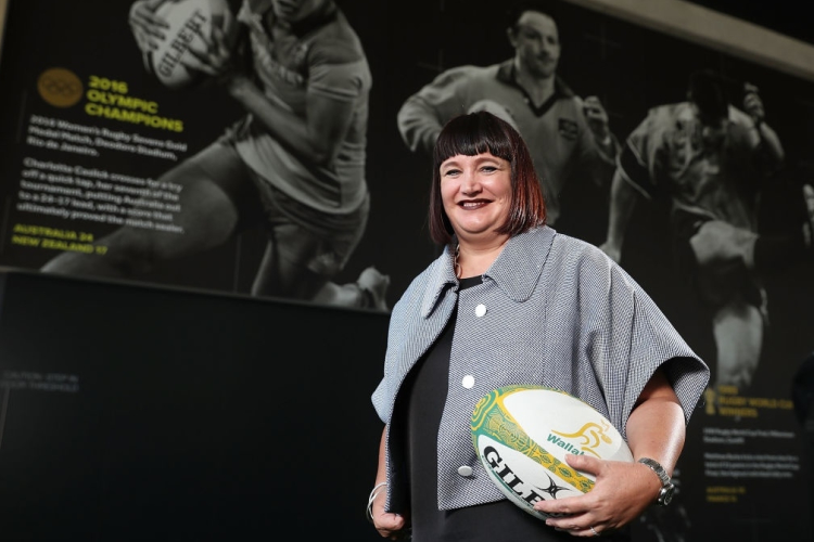 Newly appointed Rugby Australia Chief Executive Officer RAELENE CASTLE poses during a press conference at the Rugby Australia Building in Sydney, Australia.